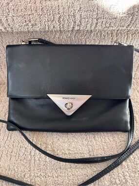 Renato Angi Black Leather Crossbody with Silver Triangle Clasp